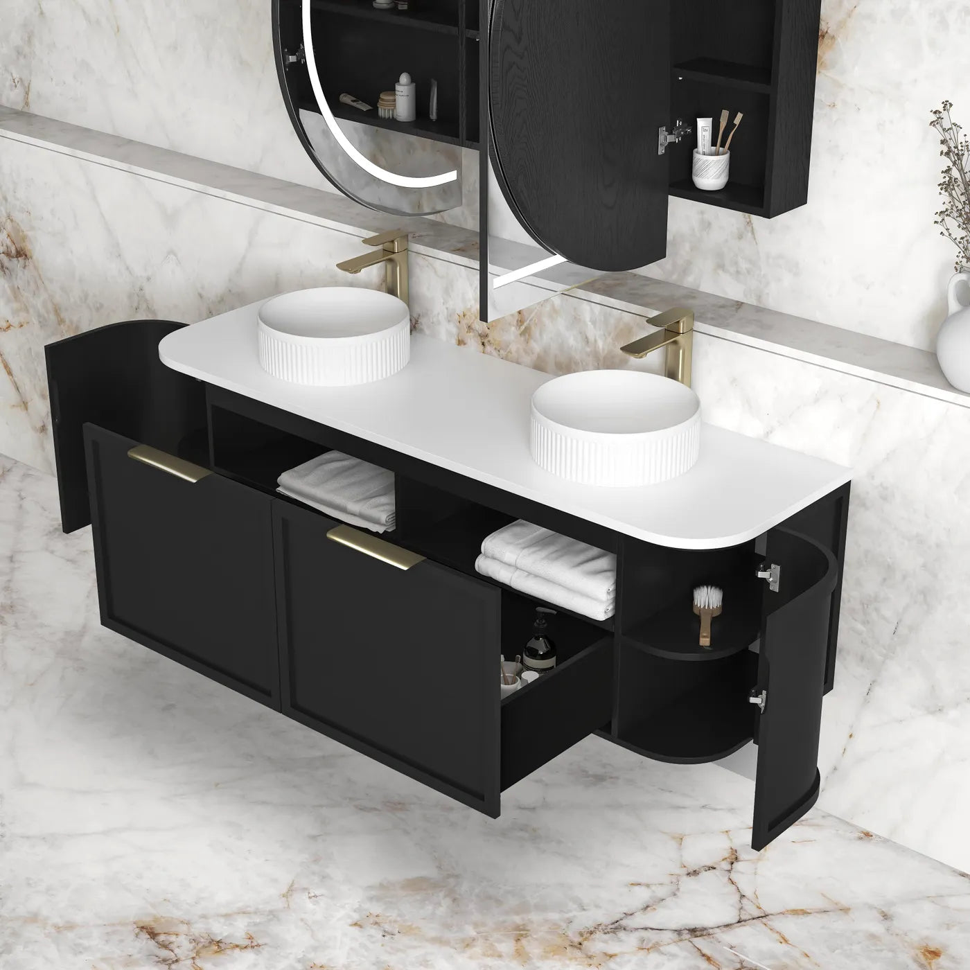 Hampshire Satin Black Stone Top Double Basin Curve Vanity - Otti | Tile Supplier Sydney
