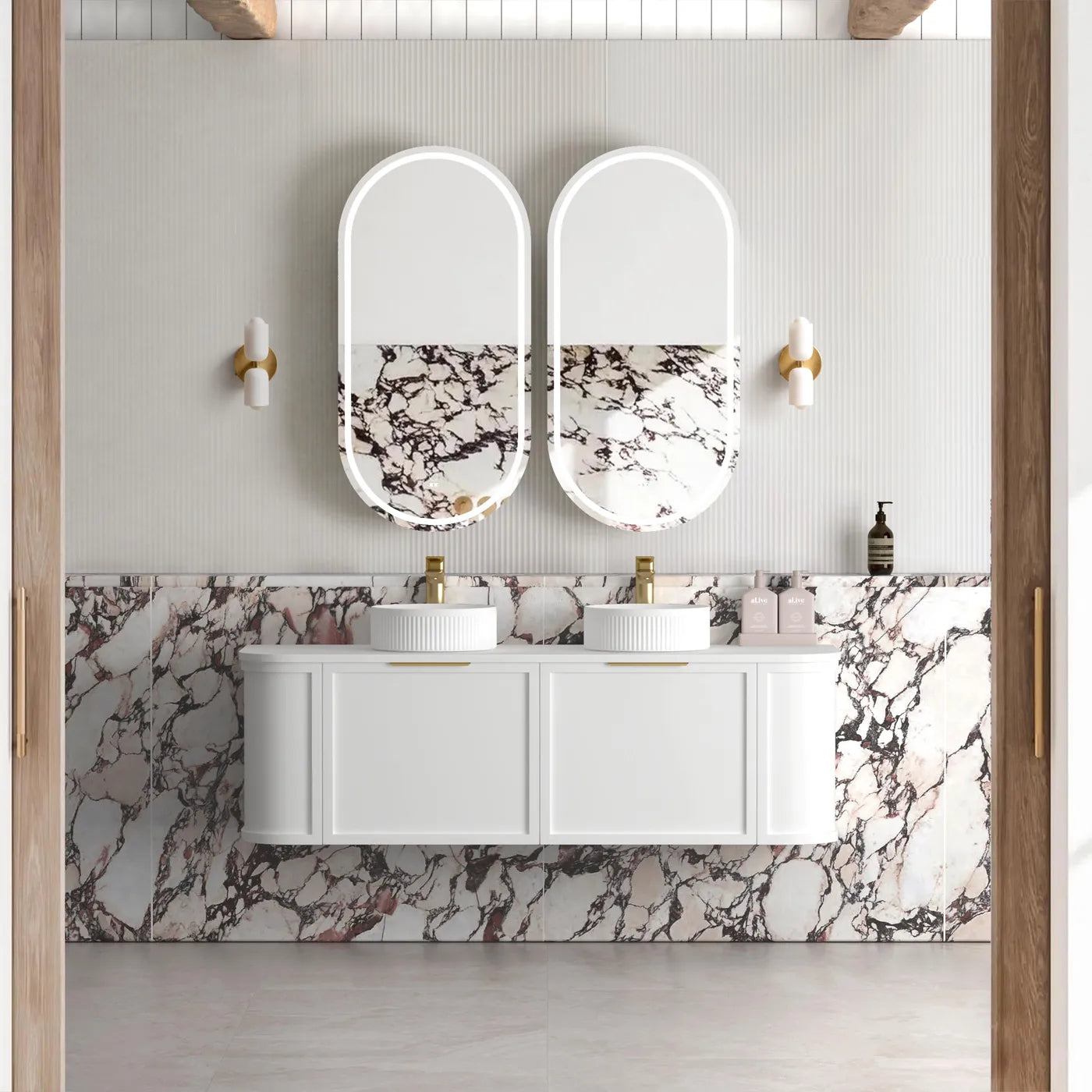 Hampshire Satin White Stone Top Double Basin Curve Vanity 1500mm - Otti | Tile Supplier Sydney