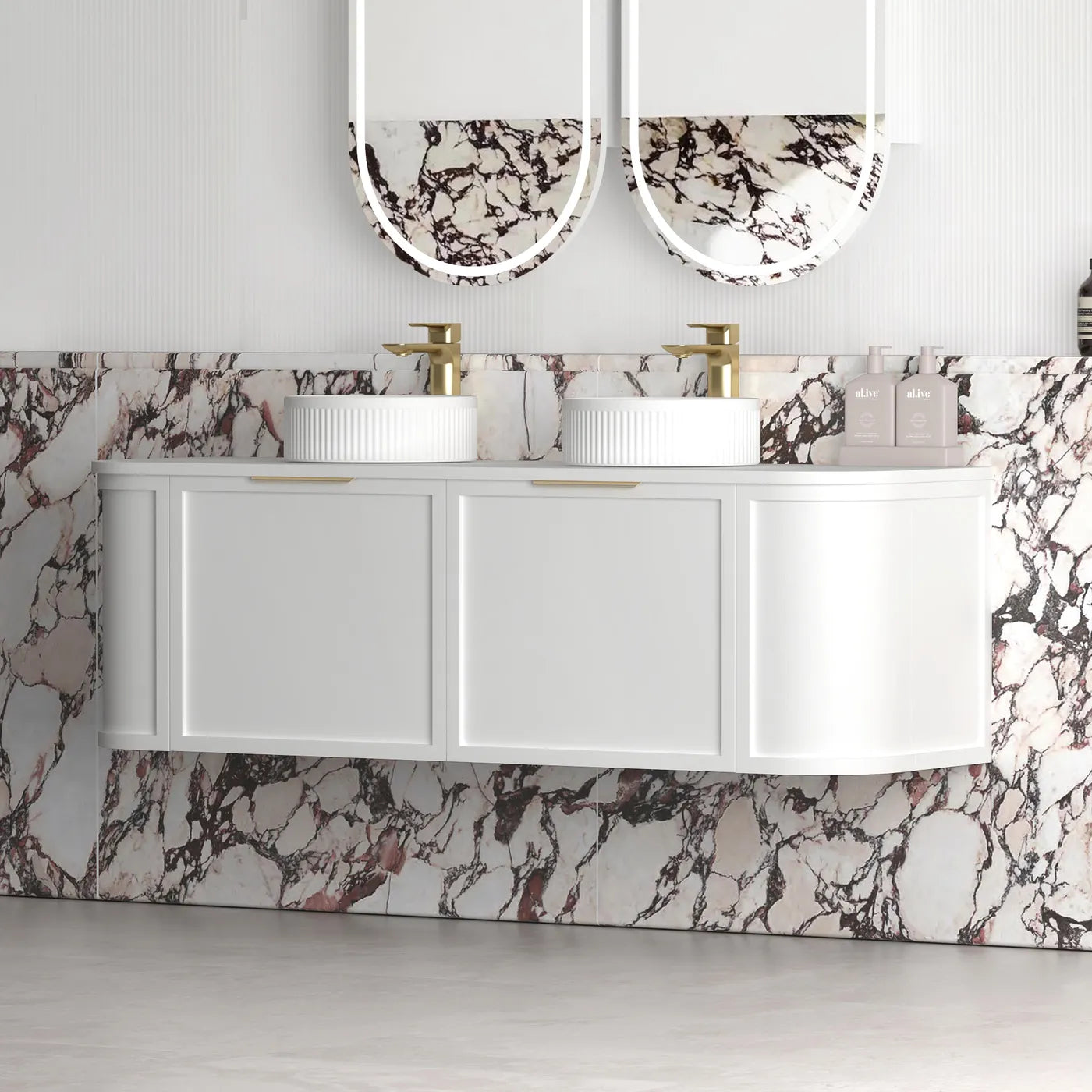 Hampshire Satin White Stone Top Double Basin Curve Vanity - Otti | Tile Supplier Sydney