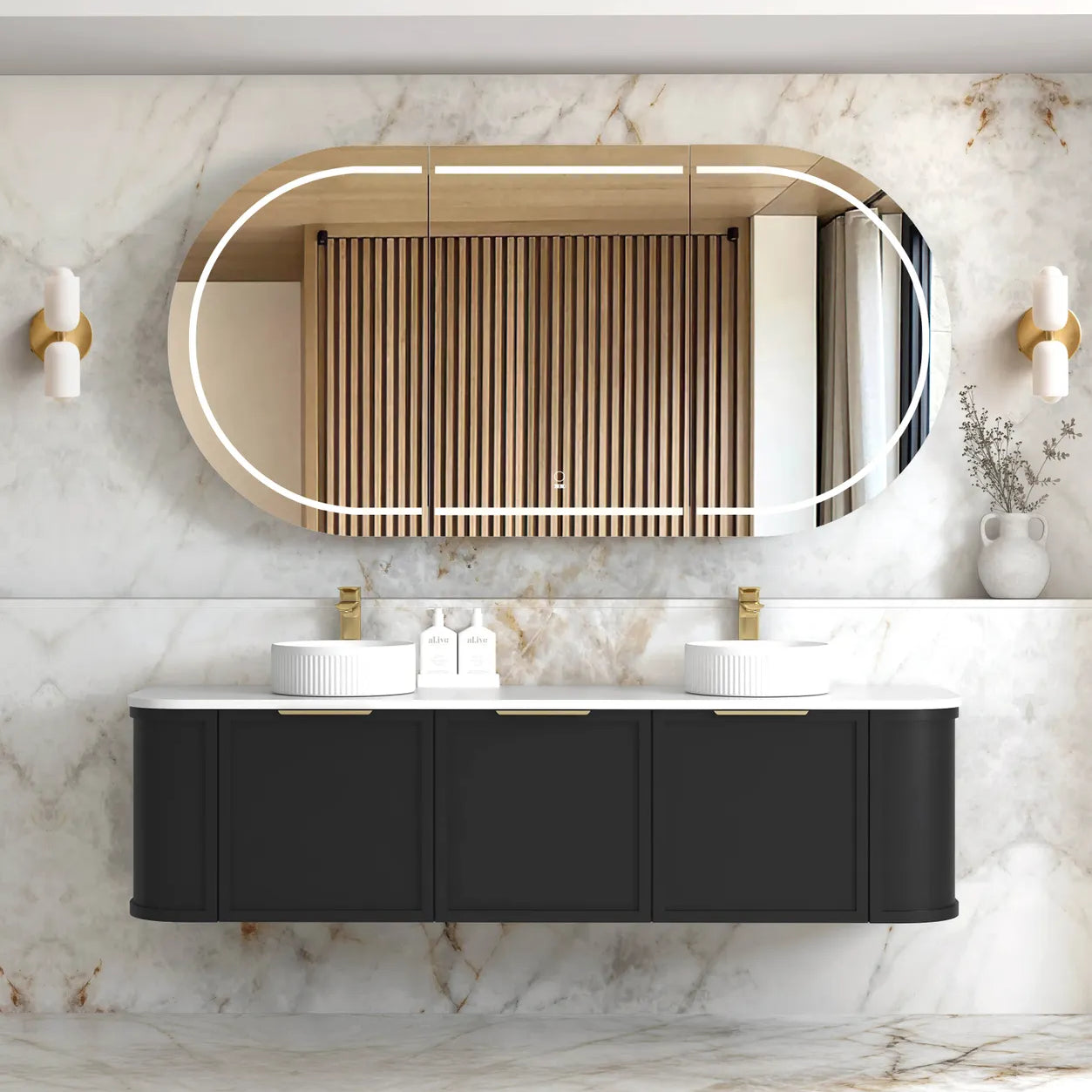 Hampshire Satin Black Stone Top Double Basin Curve Vanity 1800mm - Otti | Tile Supplier Sydney