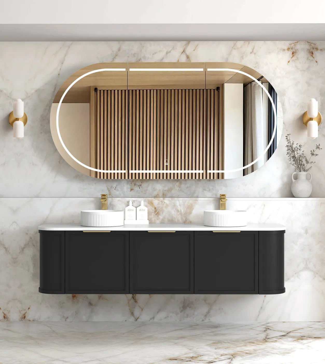 Hampshire Satin Black Stone Top Double Basin Curve Vanity 1800mm - Otti | Tile Supplier Sydney