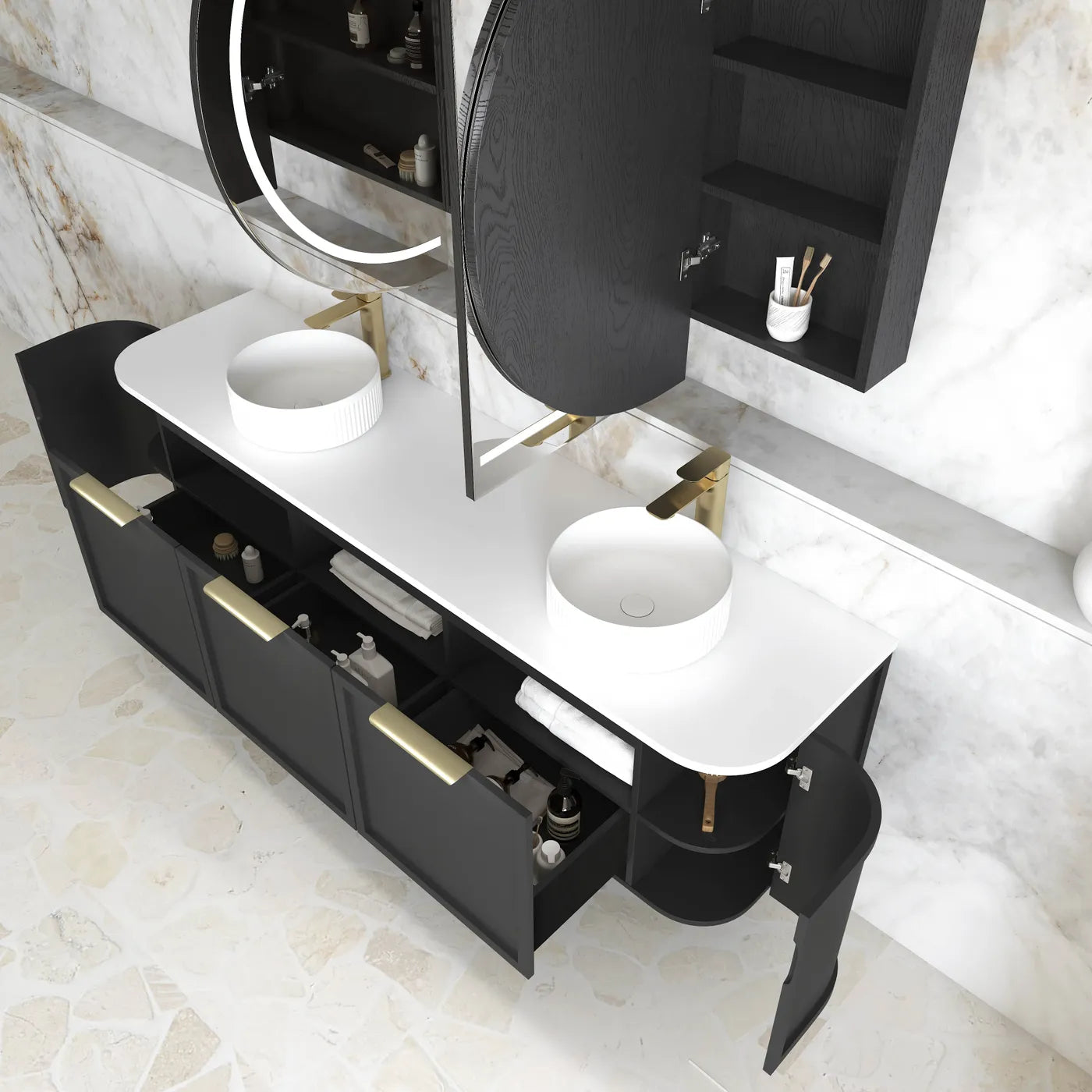 Hampshire Satin Black Stone Top Double Basin Curve Vanity - Otti | Tile Supplier Sydney