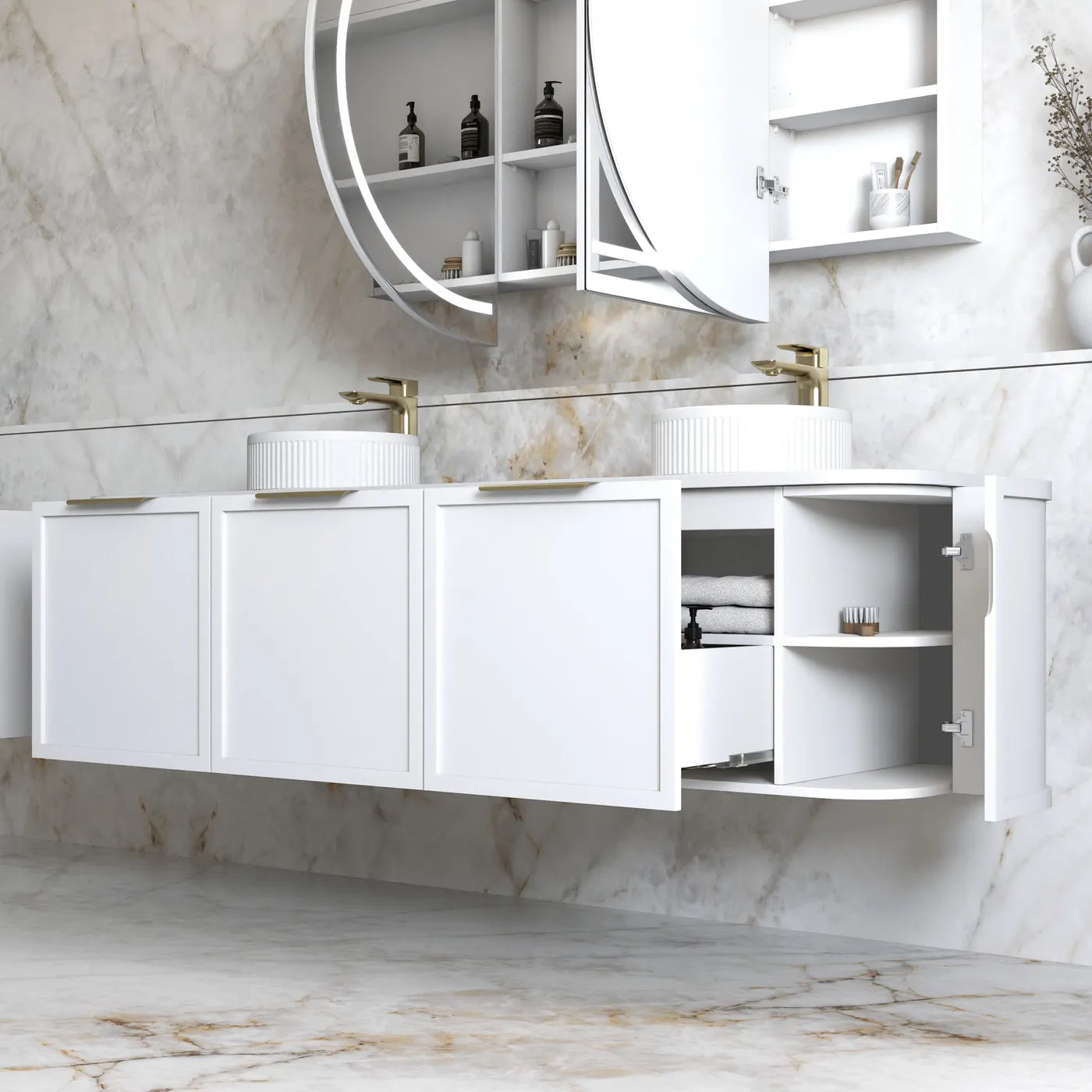 Hampshire Satin White Stone Top Double Basin Curve Vanity - Otti | Tile Supplier Sydney