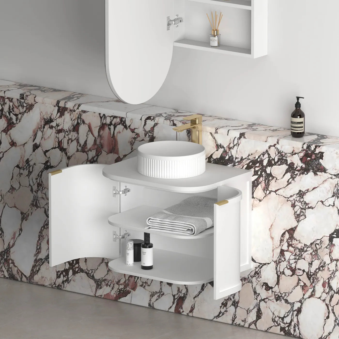 Hampshire Satin White Stone Top Single Basin Curve Vanity - Otti | Tile Supplier Sydney