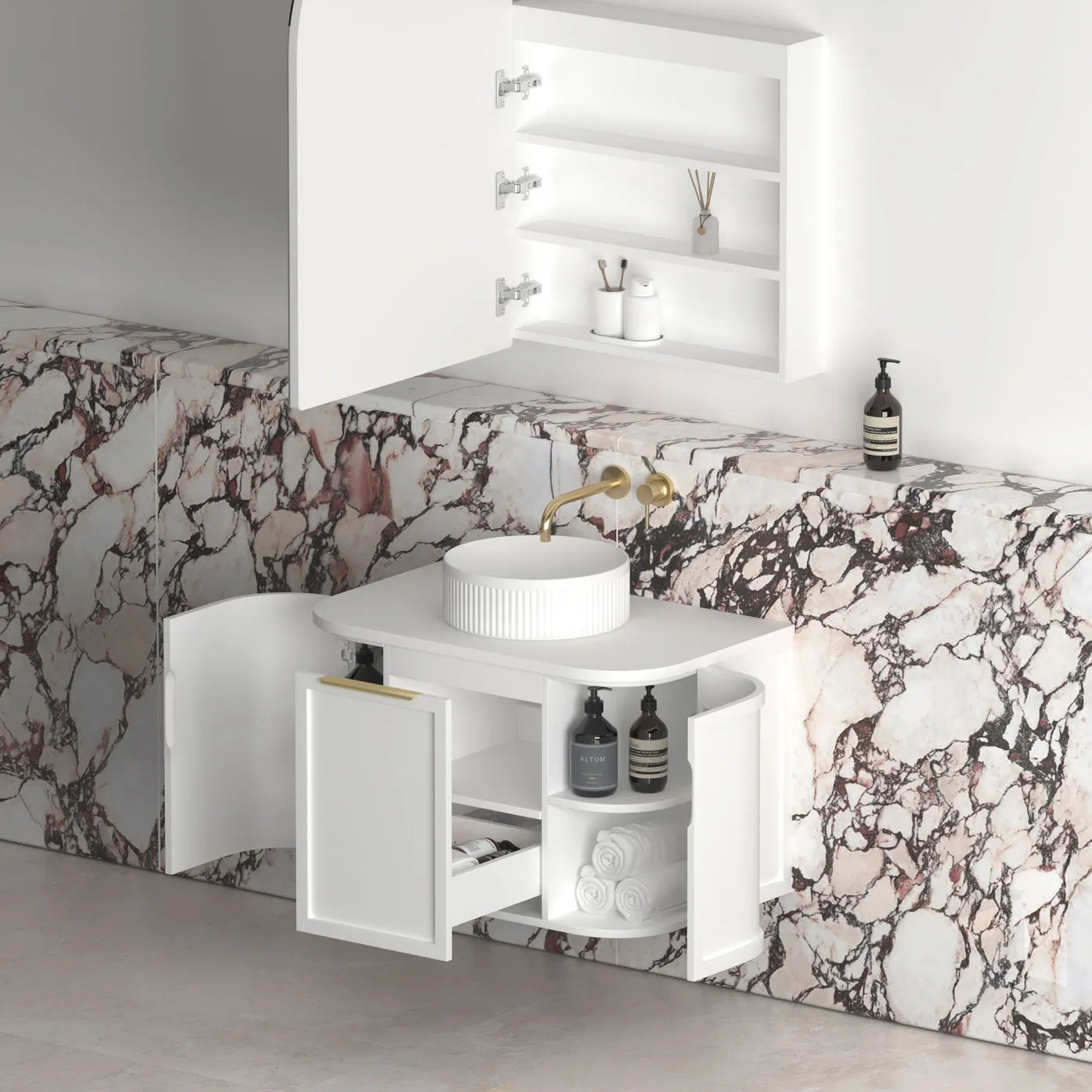 Hampshire Satin White Stone Top Single Basin Curve Vanity - Otti | Tile Supplier Sydney