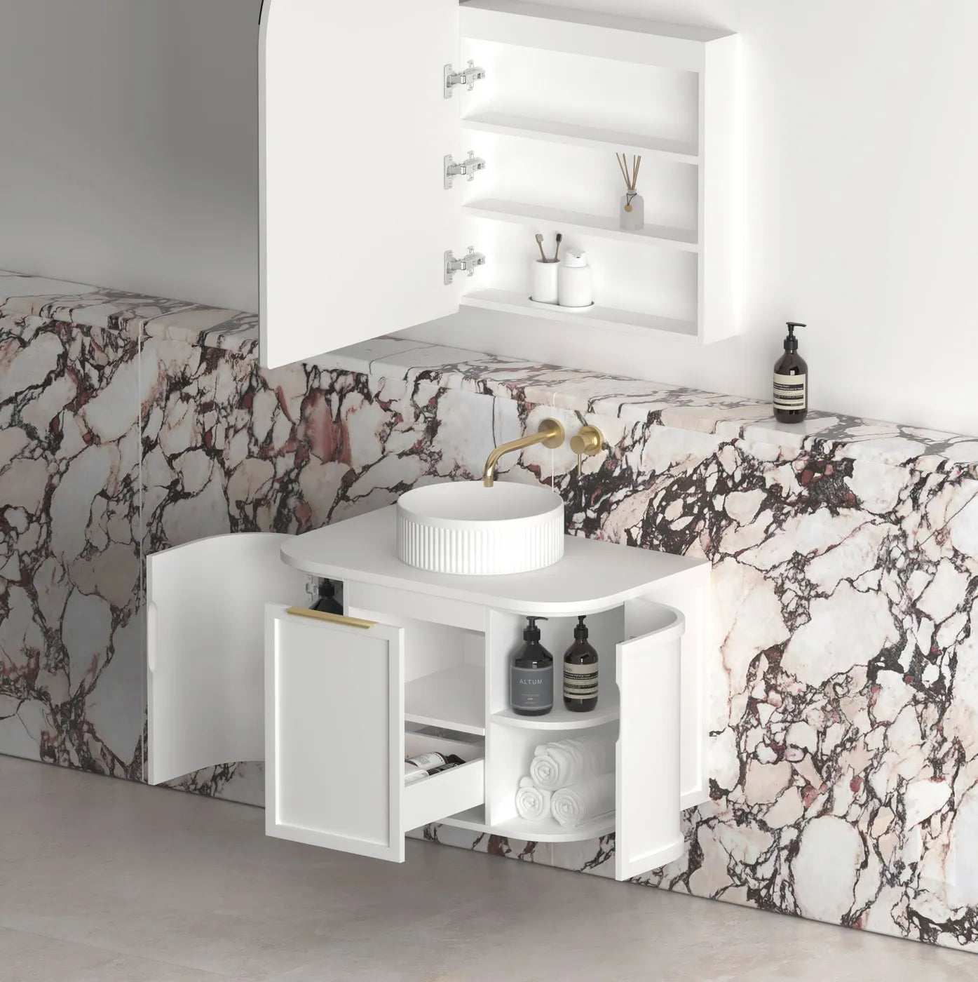 Hampshire Satin White Stone Top Single Basin Curve Vanity - Otti | Tile Supplier Sydney