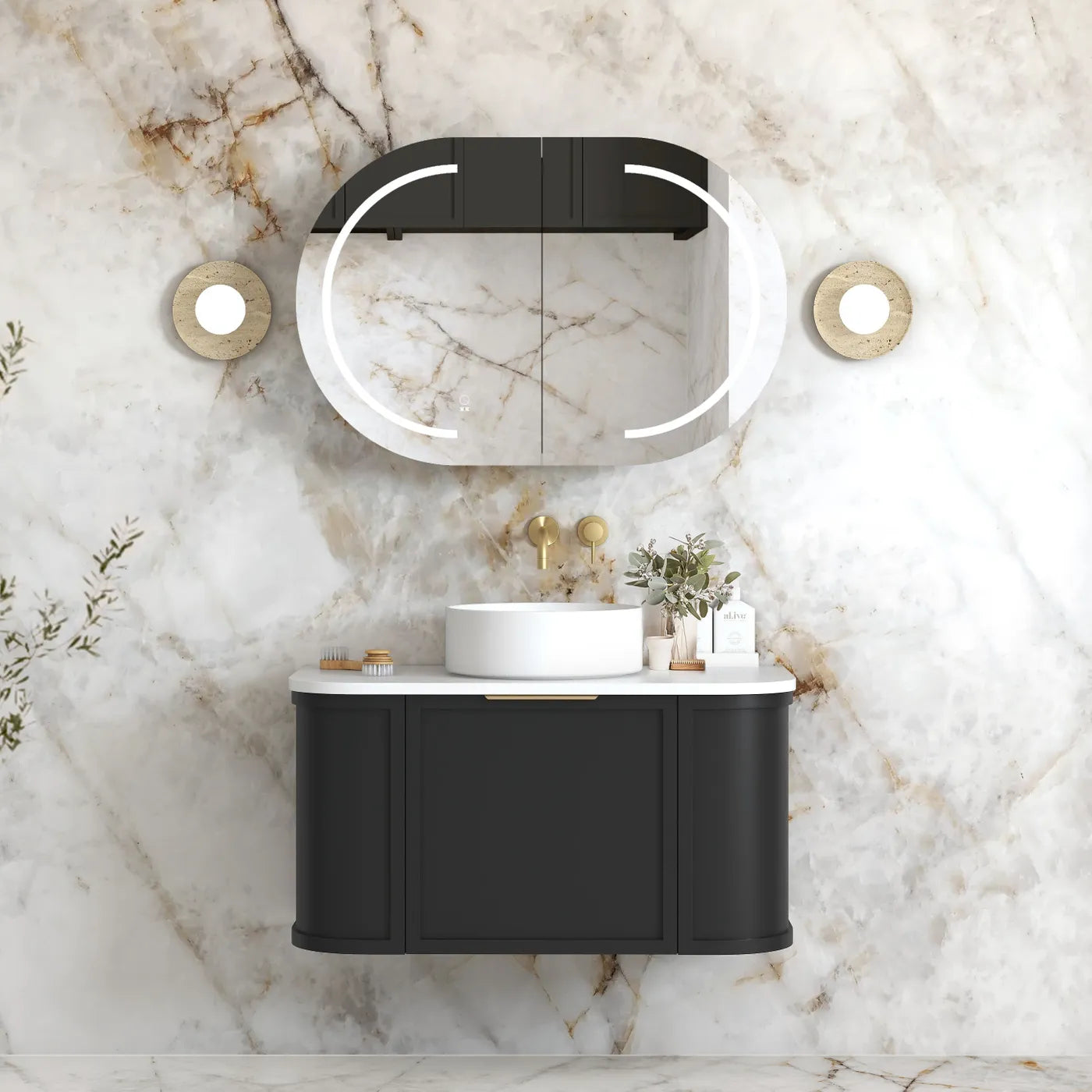 Hampshire Satin Black Stone Top Single Basin Curve Vanity 900mm - Otti | Tile Supplier Sydney
