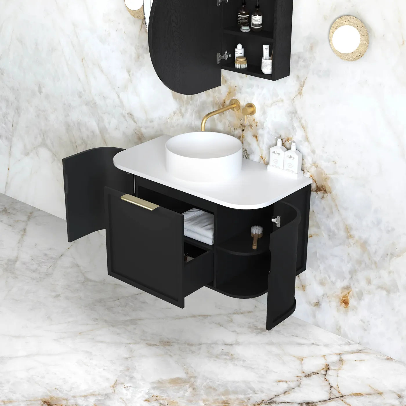 Hampshire Satin Black Stone Top Single Basin Curve Vanity - Otti | Tile Supplier Sydney