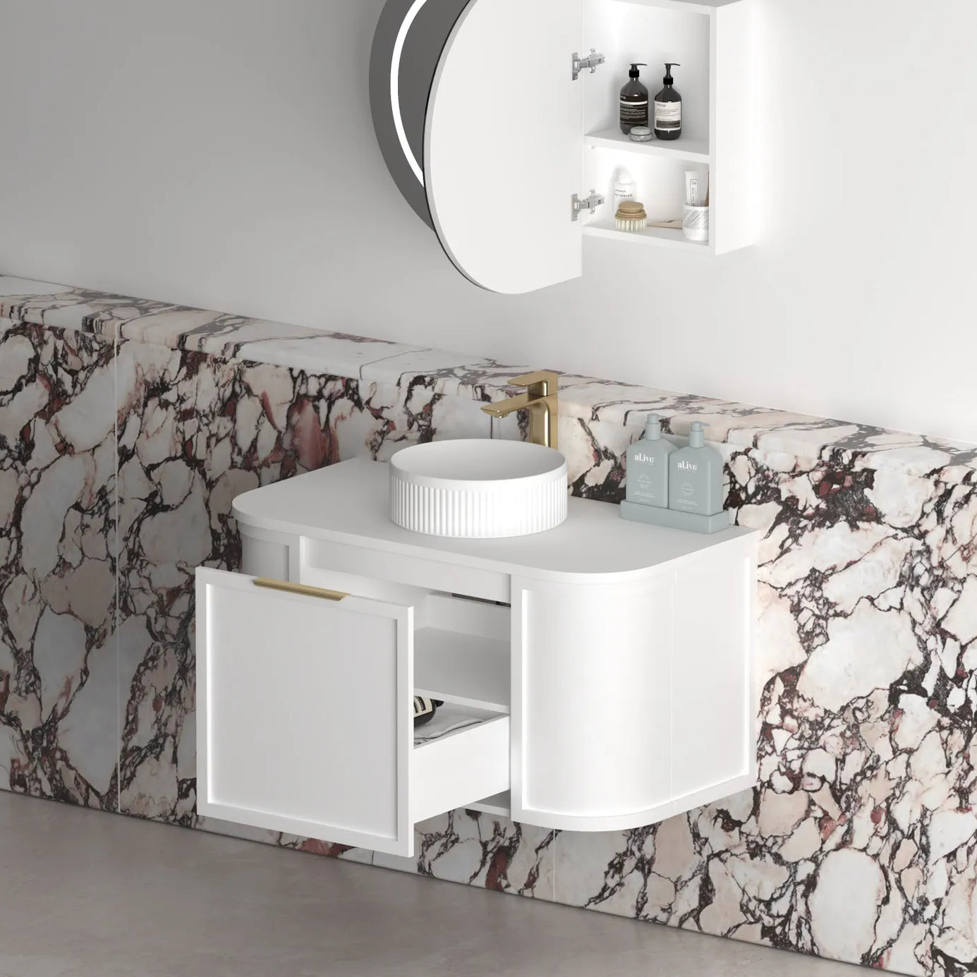 Hampshire Satin White Stone Top Single Basin Curve Vanity - Otti | Tile Supplier Sydney