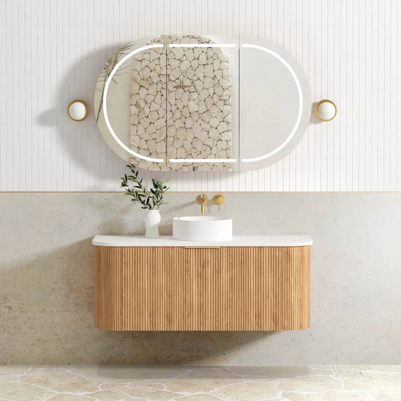 Bondi Woodland Oak Fluted Curved Single Basin Vanity 1200mm - Otti | Tile Supplier Sydney