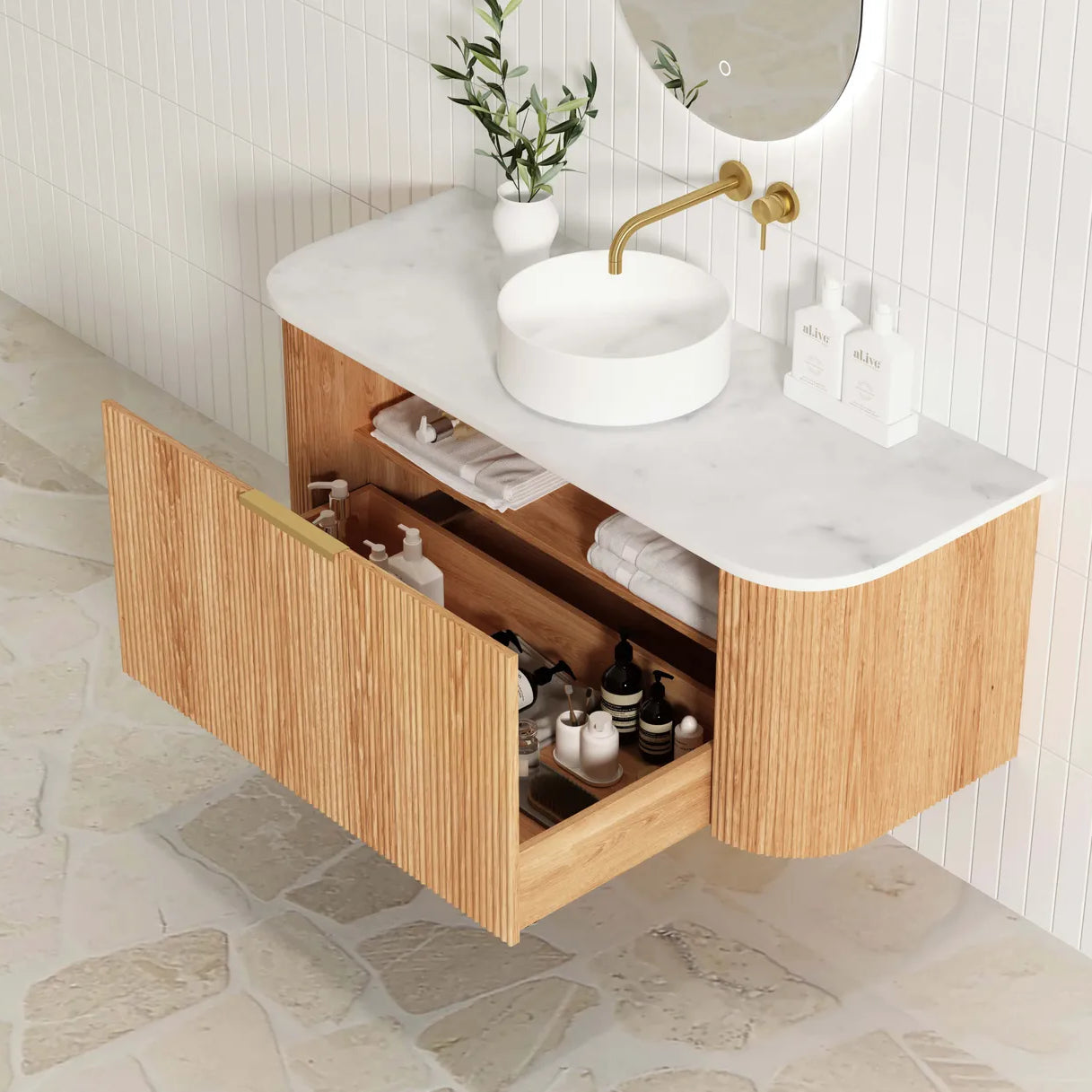 Bondi Woodland Oak Fluted Curved Single Basin Vanity - Otti | Tile Supplier Sydney