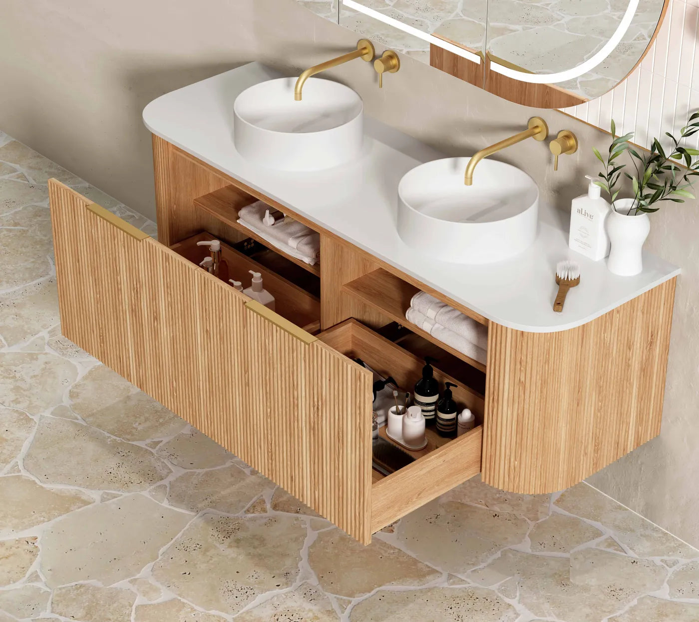 Bondi Woodland Oak Fluted Curved Double Basin Vanity - Otti | Tile Supplier Sydney