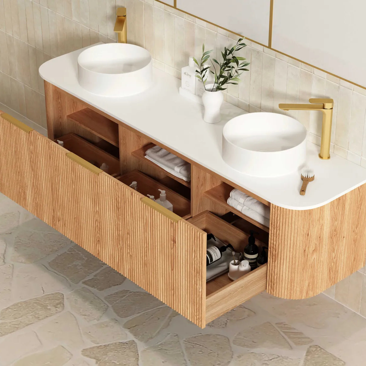Bondi Woodland Oak Fluted Curved Double Basin Vanity - Otti | Tile Supplier Sydney