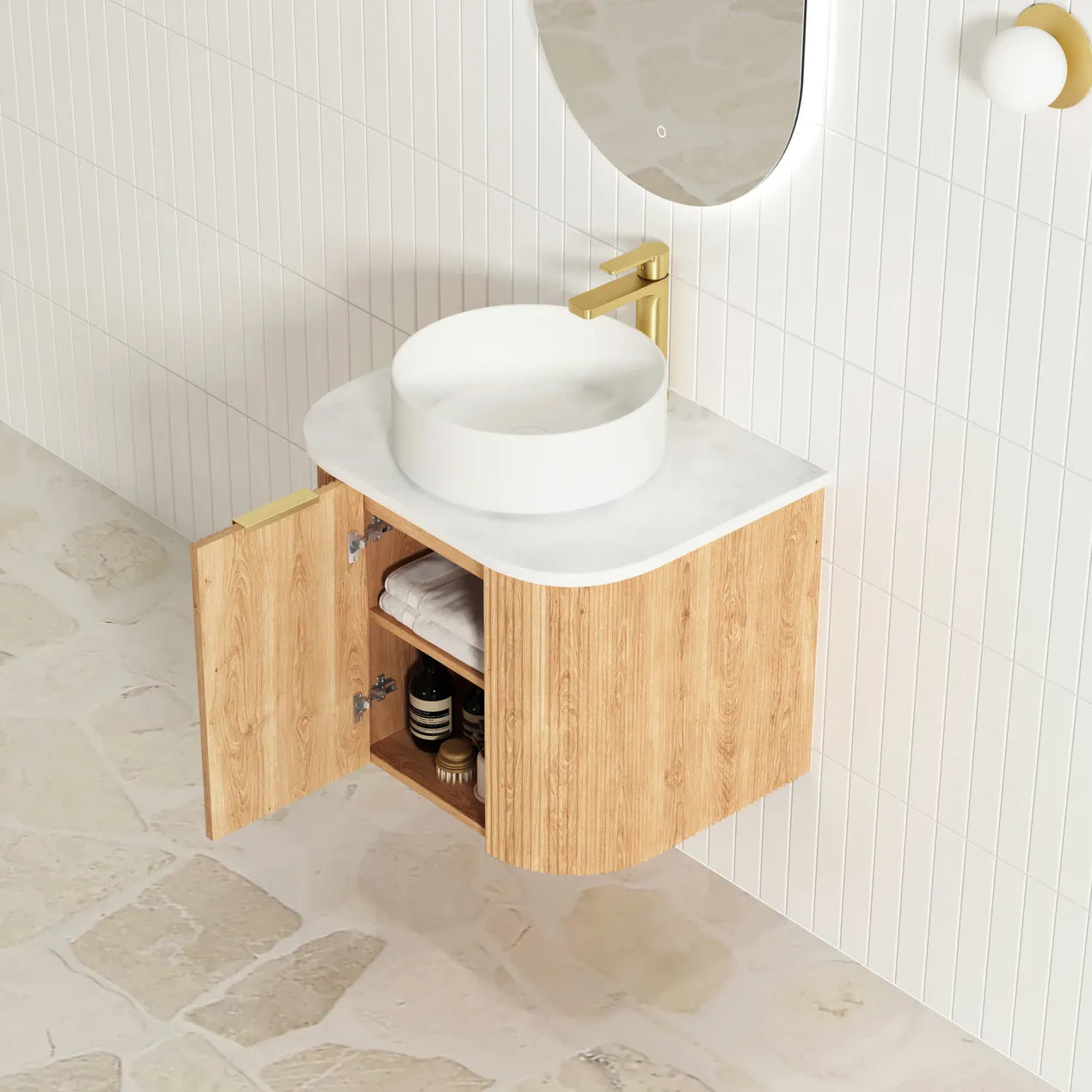 Bondi Woodland Oak Fluted Curved Single Basin Vanity - Otti | Tile Supplier Sydney