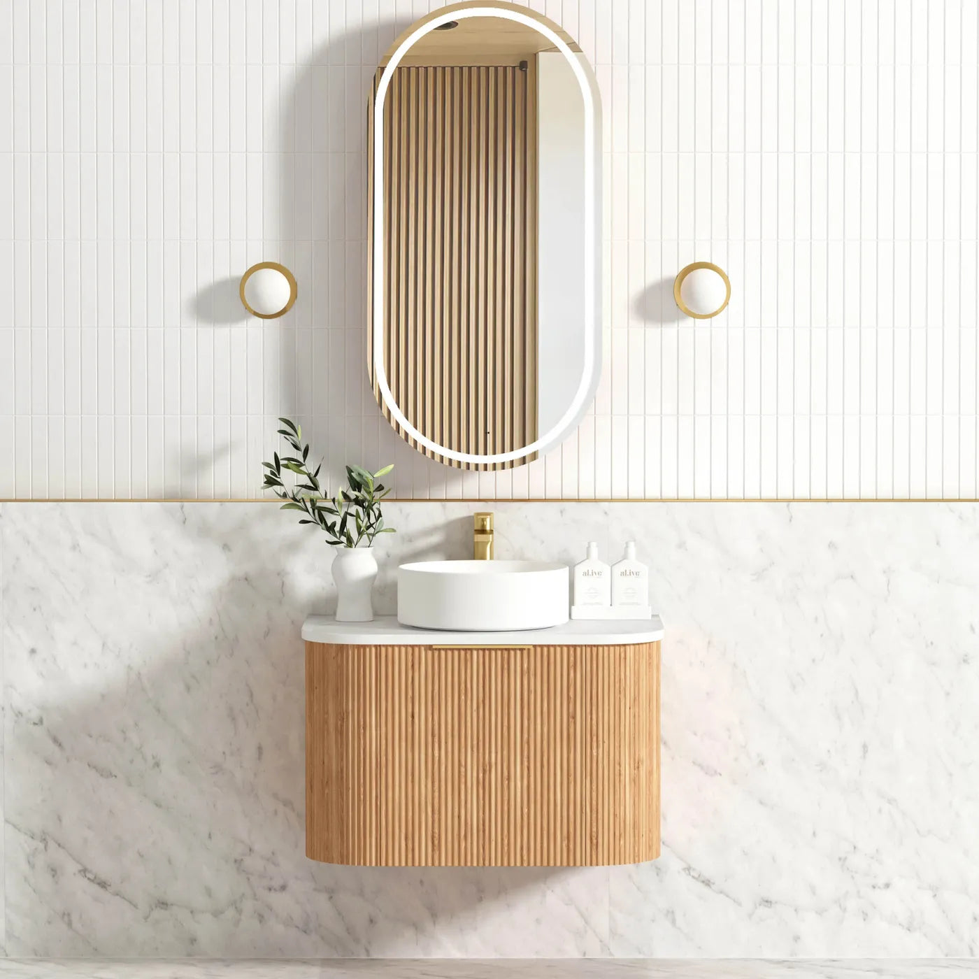 Bondi Woodland Oak Fluted Curved Single Basin Vanity 750mm - Otti | Tile Supplier Sydney