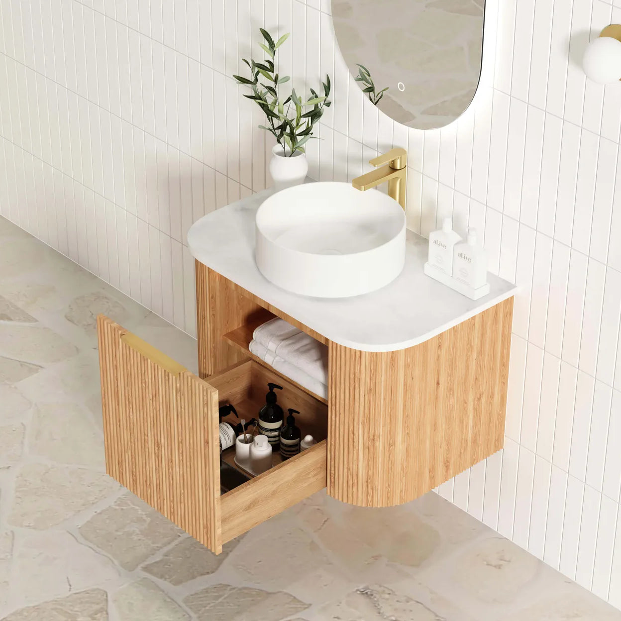 Bondi Woodland Oak Fluted Curved Single Basin Vanity - Otti | Tile Supplier Sydney
