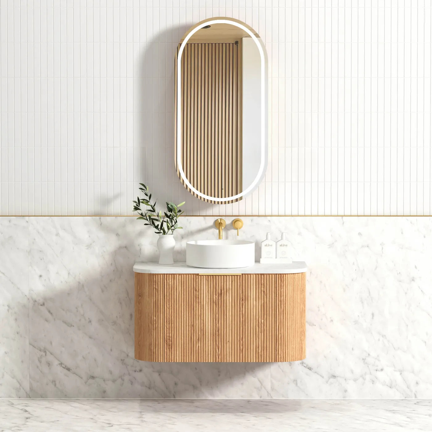 Bondi Woodland Oak Fluted Curved Single Basin Vanity 900mm - Otti | Tile Supplier Sydney