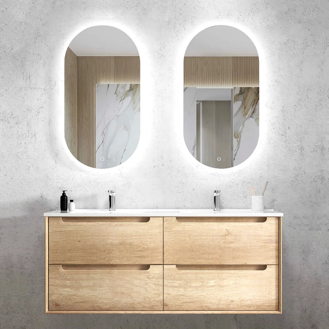 Byron Natural Oak Ceramic Top Double Basin Vanity 1200mm - Otti | Tile Supplier Sydney