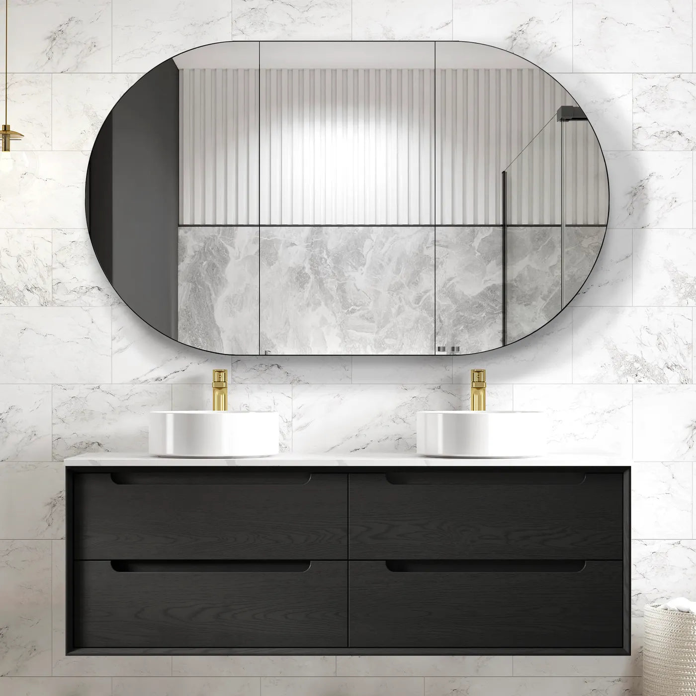 Byron Black Oak Ceramic Top Double Basin Vanity 1500mm - Otti | Tile Supplier Sydney