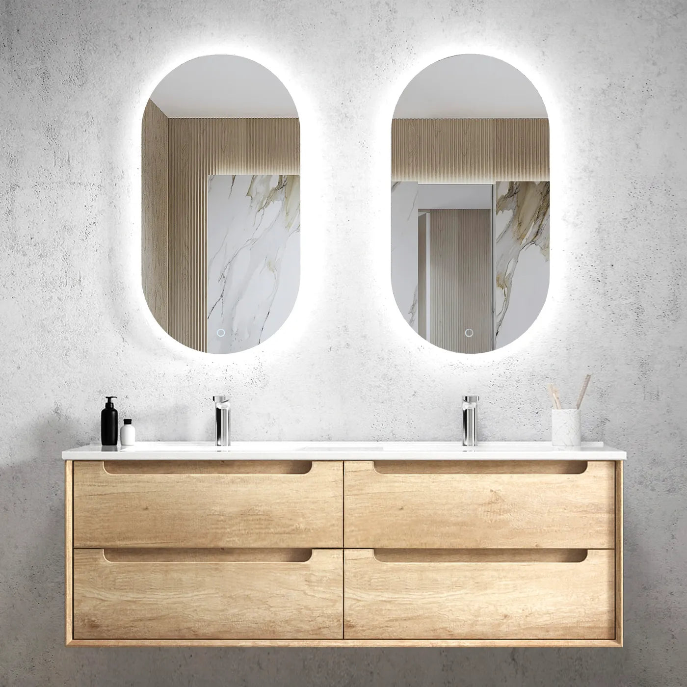 Byron Natural Oak Ceramic Top Double Basin Vanity 1500mm - Otti | Tile Supplier Sydney