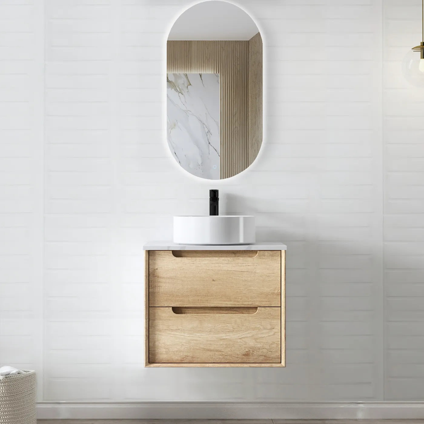 Byron Natural Oak Stone Top Single Basin Vanity 600mm - Otti | Tile Supplier Sydney