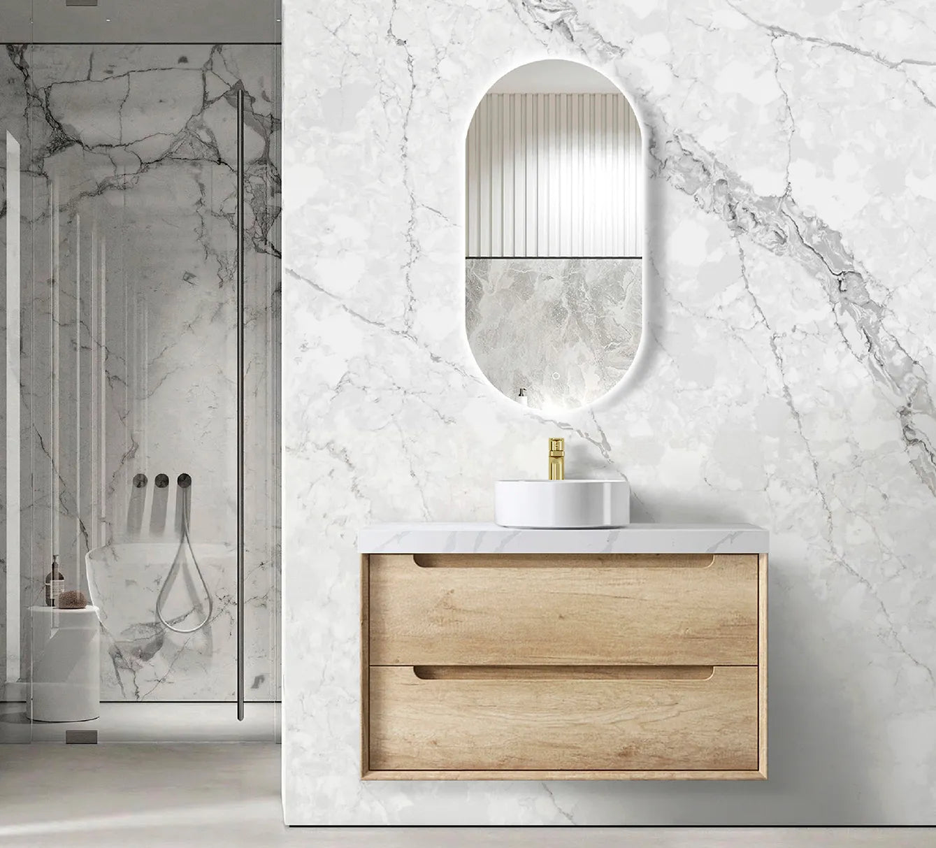 Byron Natural Oak Stone Top Single Basin Vanity 900mm - Otti | Tile Supplier Sydney