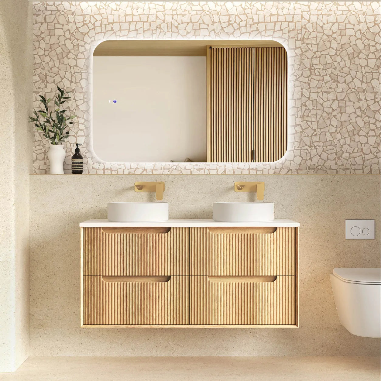 Byron Fluted Woodland Oak Stone Top Double Basin Vanity 1200mm - Otti | Tile Supplier Sydney