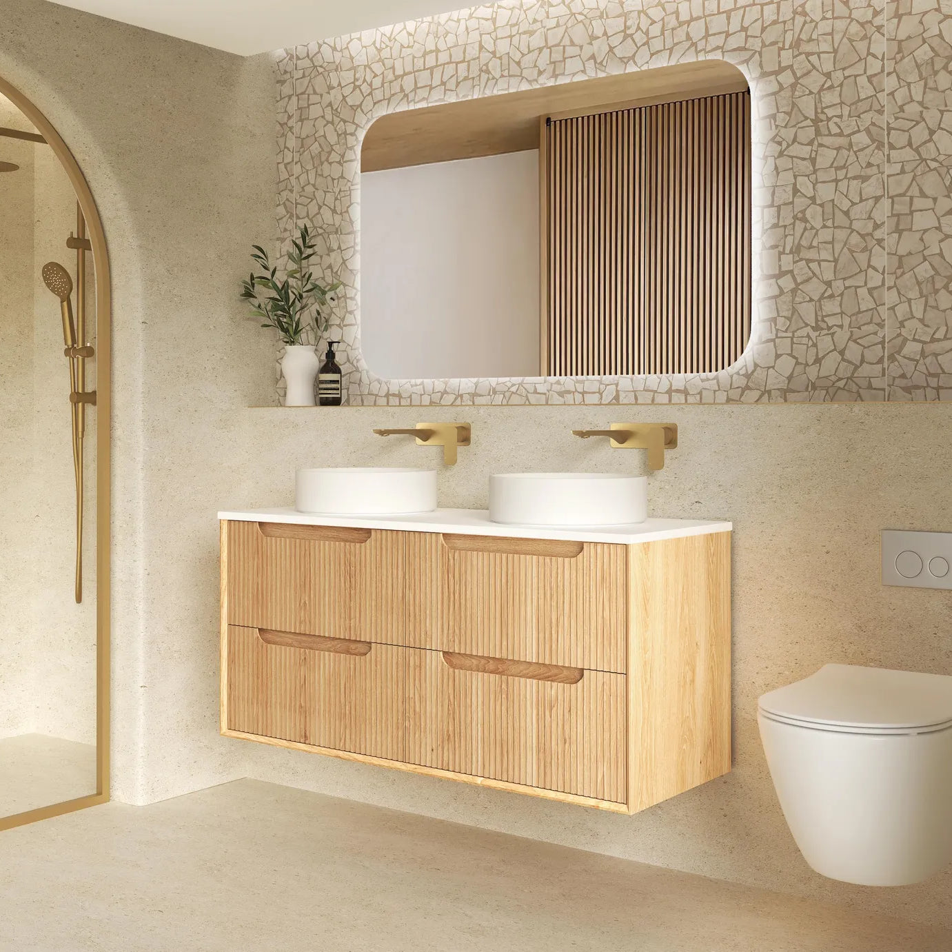 Byron Fluted Woodland Oak Stone Top Double Basin Vanity - Otti | Tile Supplier Sydney