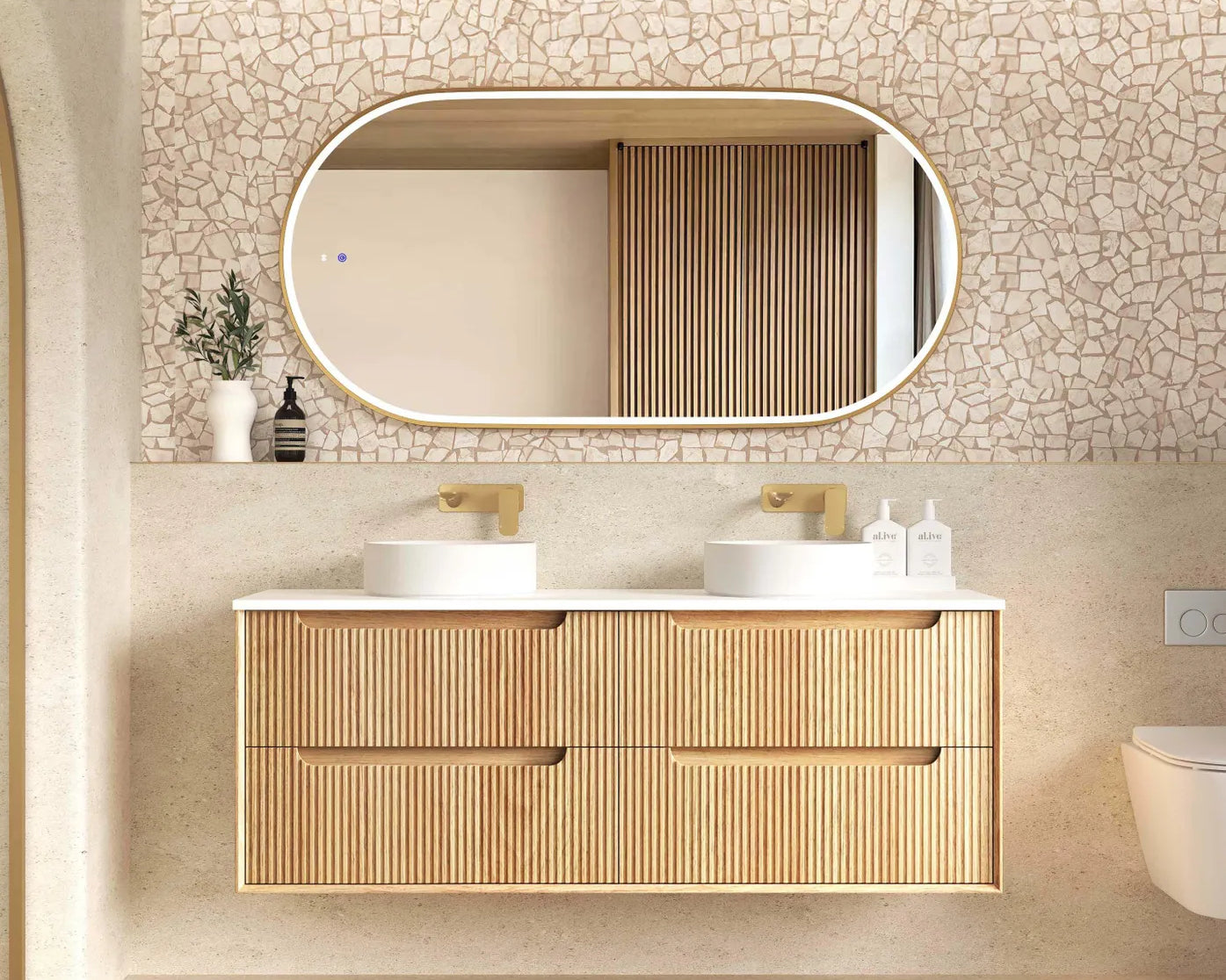 Byron Fluted Woodland Oak Stone Top Double Basin Vanity 1500mm - Otti | Tile Supplier Sydney