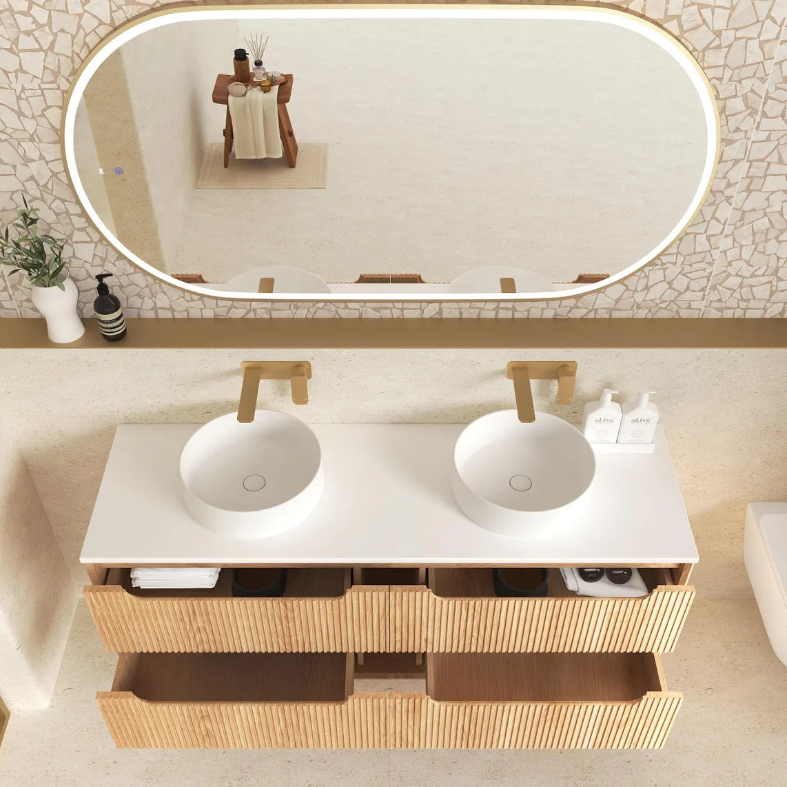 Byron Fluted Woodland Oak Stone Top Double Basin Vanity - Otti | Tile Supplier Sydney