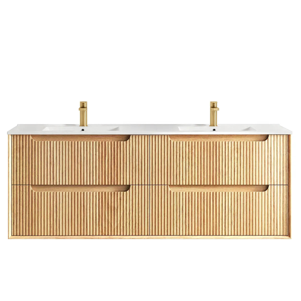 Byron Fluted Woodland Oak Ceramic Top Double Basin Vanity 1500mm - Otti | Tile Supplier Sydney