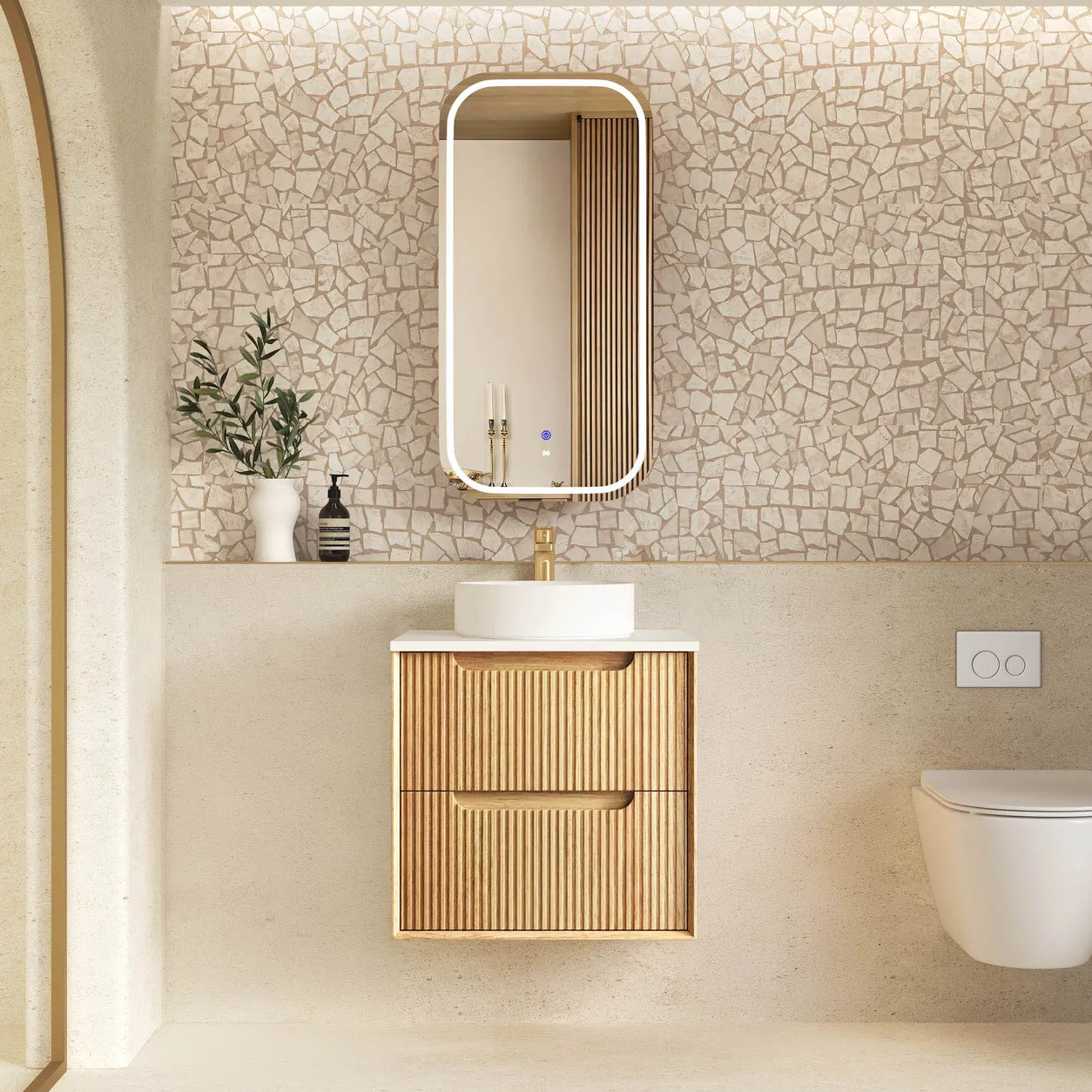 Byron Fluted Woodland Oak Stone Top Single Basin Vanity 600mm - Otti | Tile Supplier Sydney