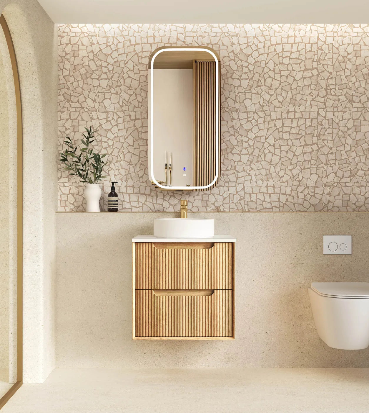 Byron Fluted Woodland Oak Stone Top Single Basin Vanity 600mm - Otti | Tile Supplier Sydney