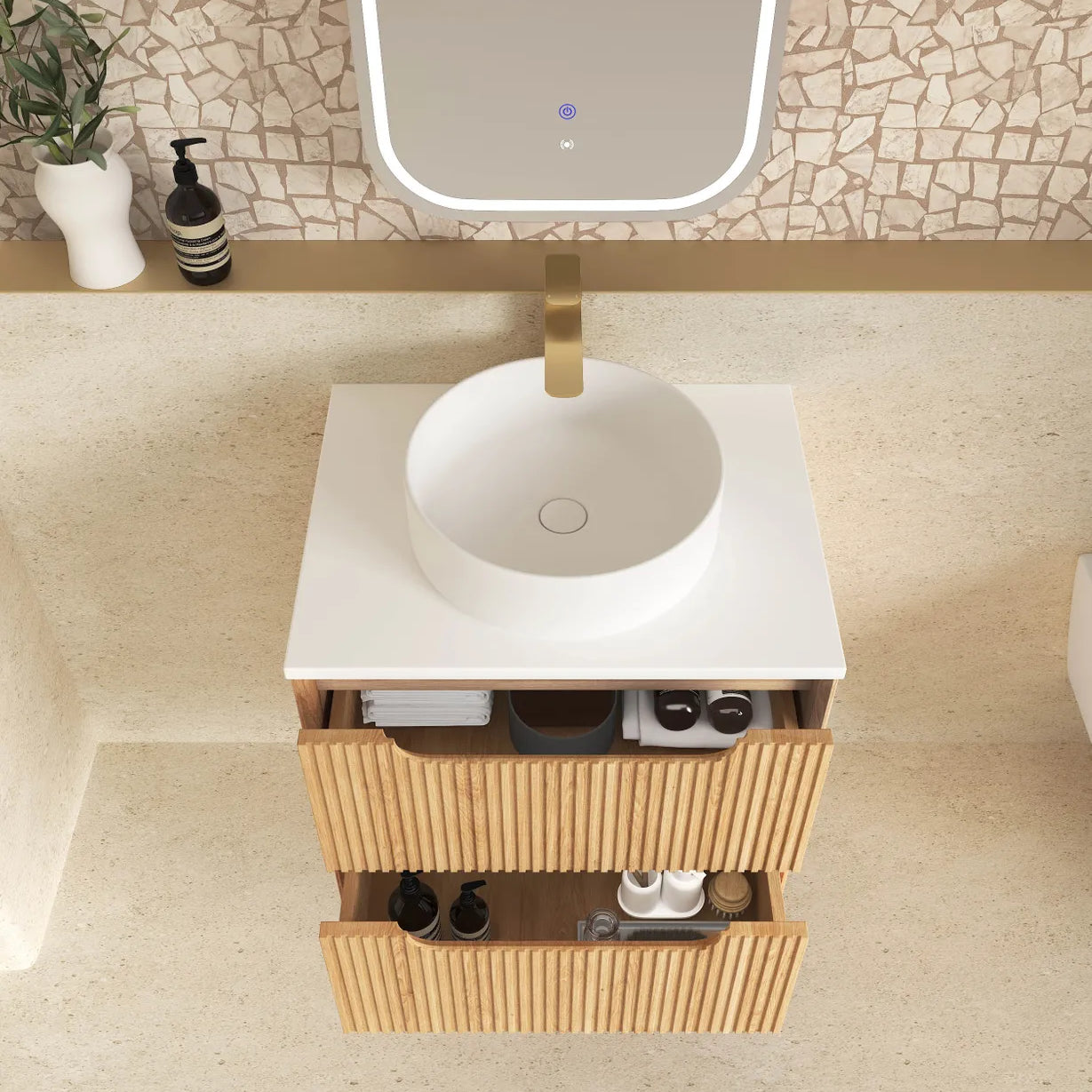 Byron Fluted Woodland Oak Stone Top Single Basin Vanity - Otti | Tile Supplier Sydney