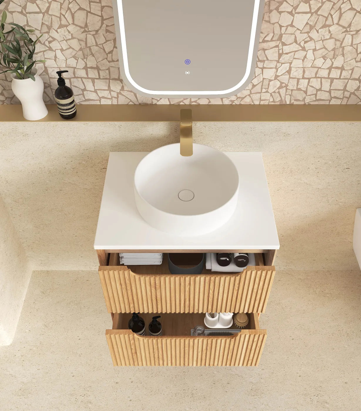 Byron Fluted Woodland Oak Stone Top Single Basin Vanity - Otti | Tile Supplier Sydney