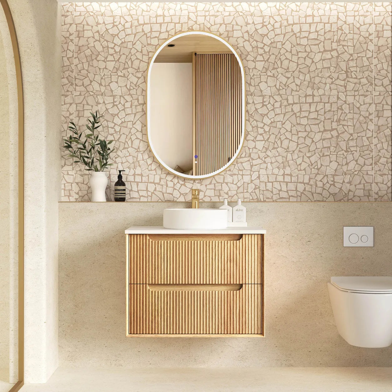 Byron Fluted Woodland Oak Stone Top Single Basin Vanity 750mm - Otti | Tile Supplier Sydney