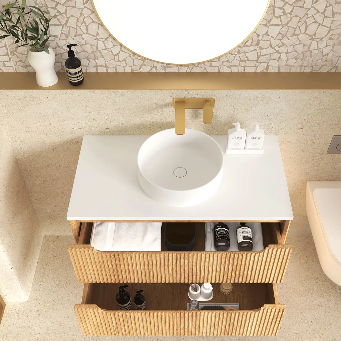 Byron Fluted Woodland Oak Stone Top Single Basin Vanity - Otti | Tile Supplier Sydney