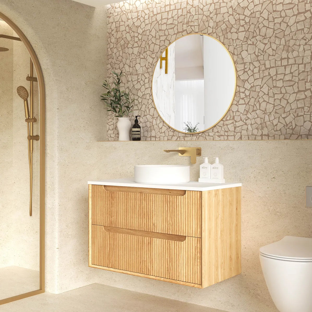 Byron Fluted Woodland Oak Stone Top Single Basin Vanity - Otti | Tile Supplier Sydney