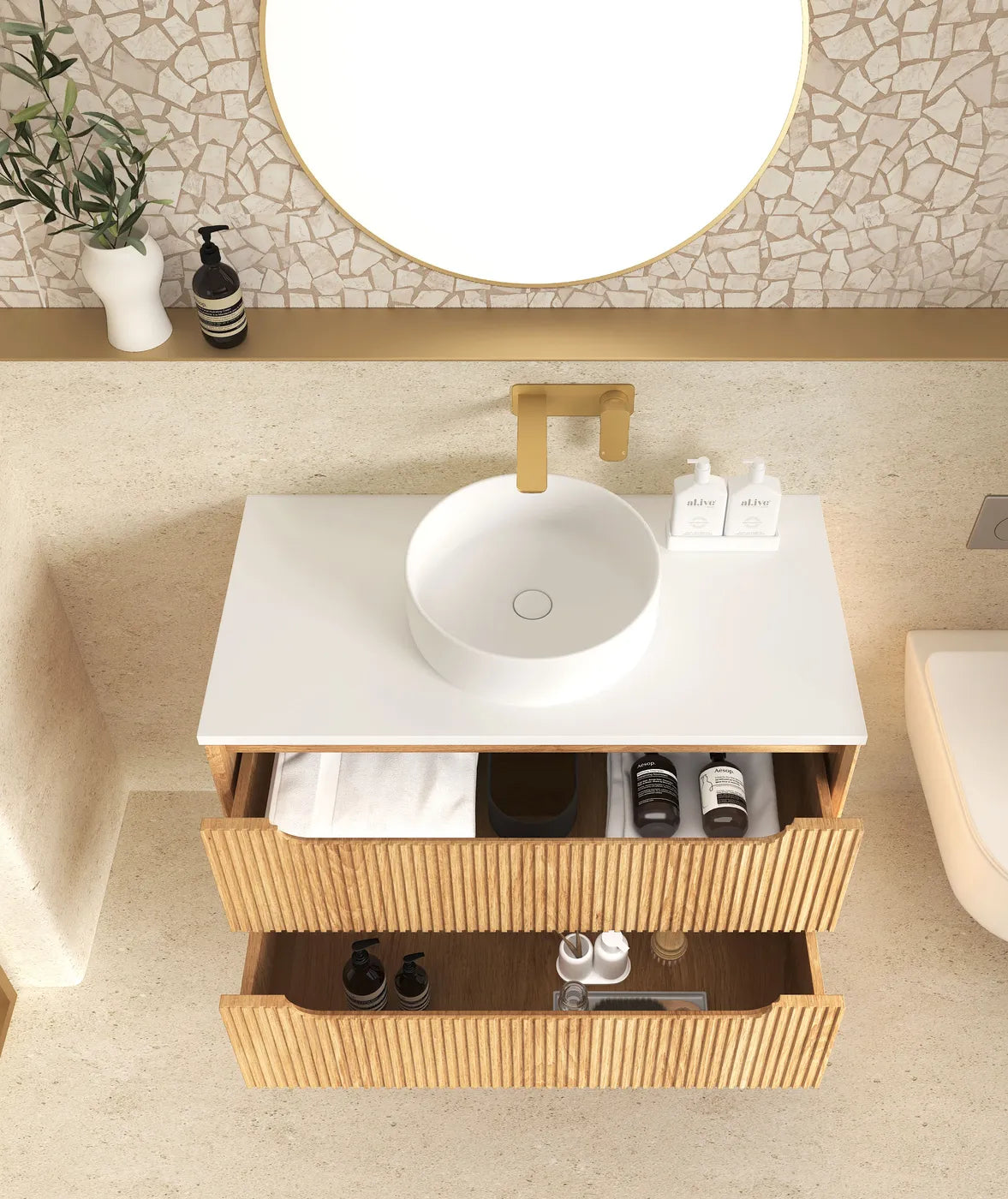 Byron Fluted Woodland Oak Stone Top Single Basin Vanity - Otti | Tile Supplier Sydney