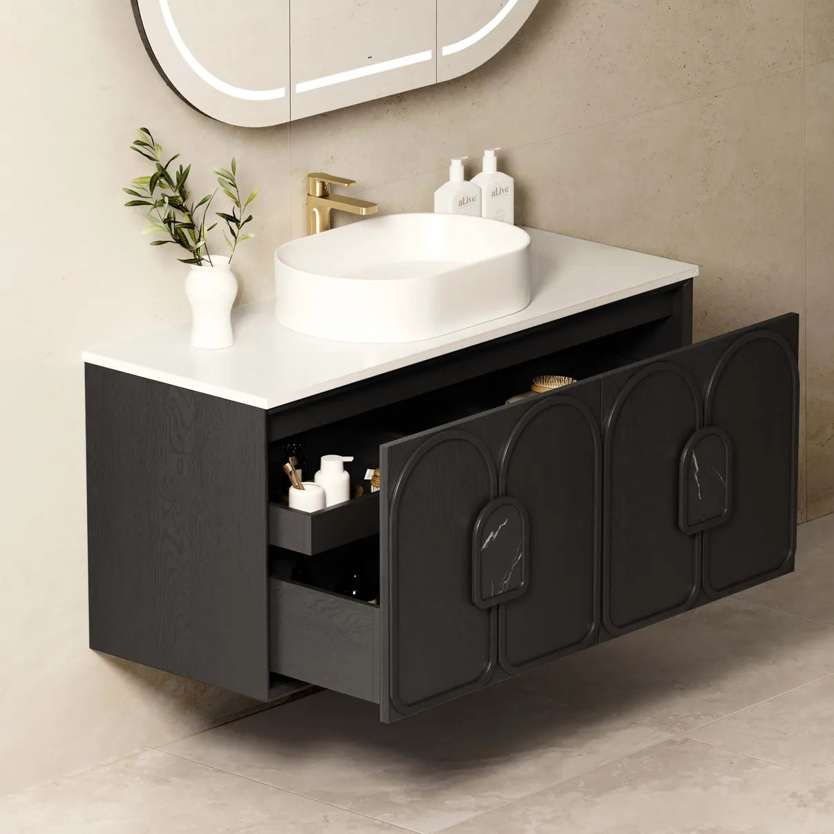 Laguna American Black Oak Stone Top Single Basin Vanity - Otti | Tile Supplier Sydney
