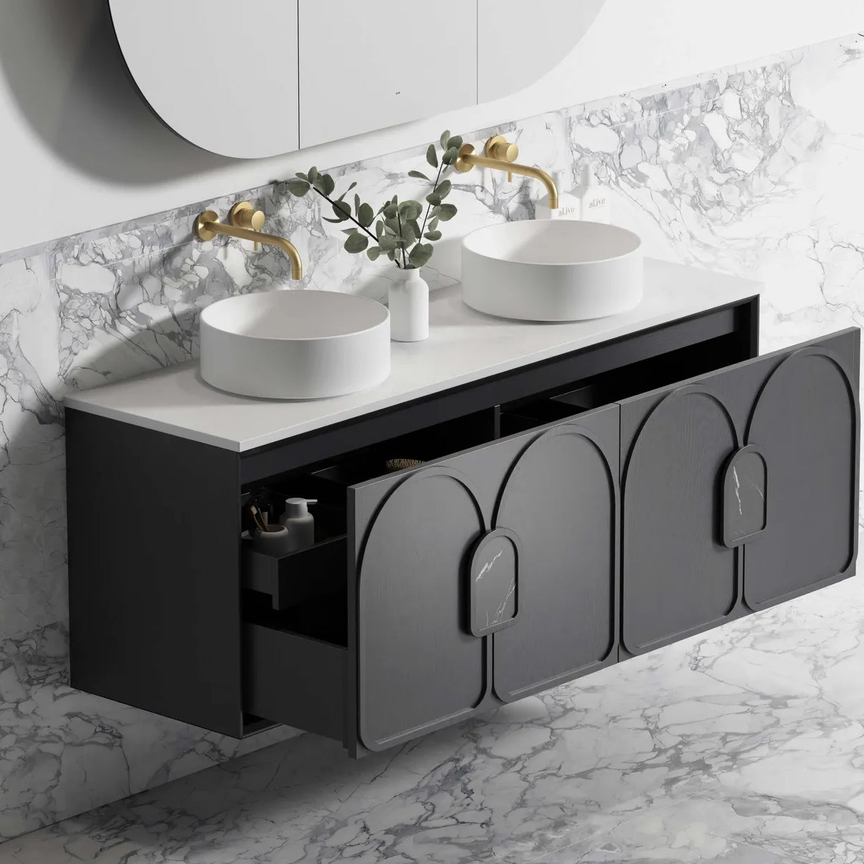 Laguna American Black Oak Stone Top Double Basin Vanity - Otti | Tile Supplier Sydney