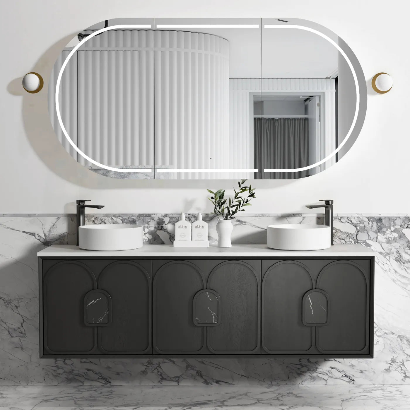 Laguna American Black Oak Stone Top Double Basin Vanity 1800mm - Otti | Tile Supplier Sydney