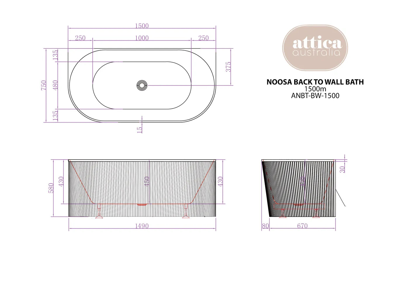 Noosa BTW Multifit Bath - 1500mm Gloss White - Otti | Tile Supplier Sydney