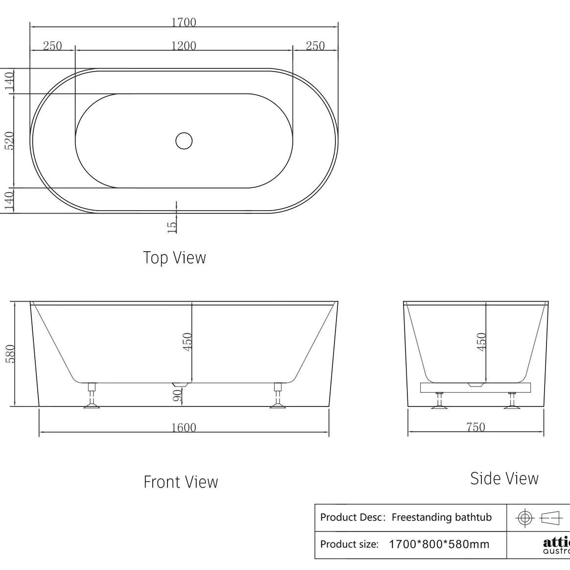 Noosa Freestanding Bath - 1700mm Matte White - Otti | Tile Supplier Sydney