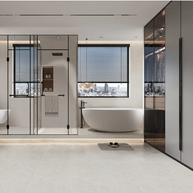 Modern bathroom with a freestanding bathtub, shower area, and laundry room.