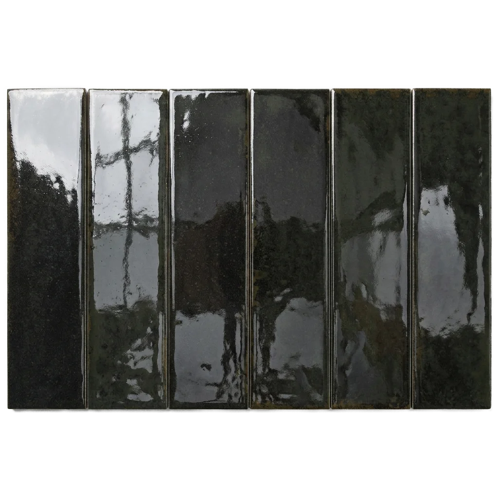 Six glossy rectangular ceramic tiles in a dark charcoal black color, arranged side-by-side against a plain white background.
