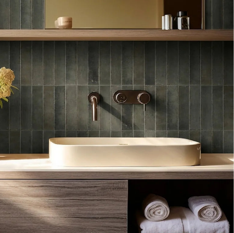 A modern bathroom vanity setup with a cream vessel sink on a light wood countertop, set against a dark green tiled backsplash. A beige vase filled with cream-colored flowers sits on the counter, and white towels are neatly folded in the cabinet below.