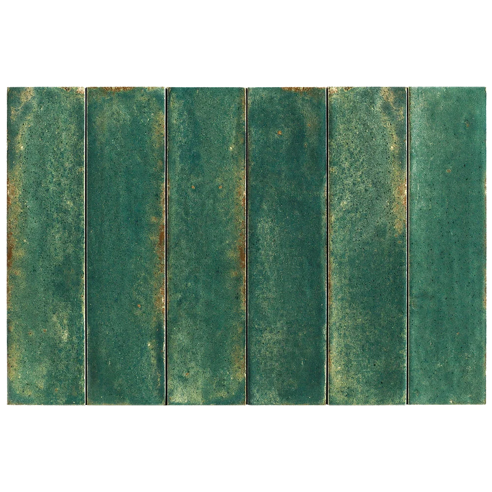 Six vertical rectangular tiles in a distressed teal green color with brown rust-like weathering, arranged side by side on a white background.