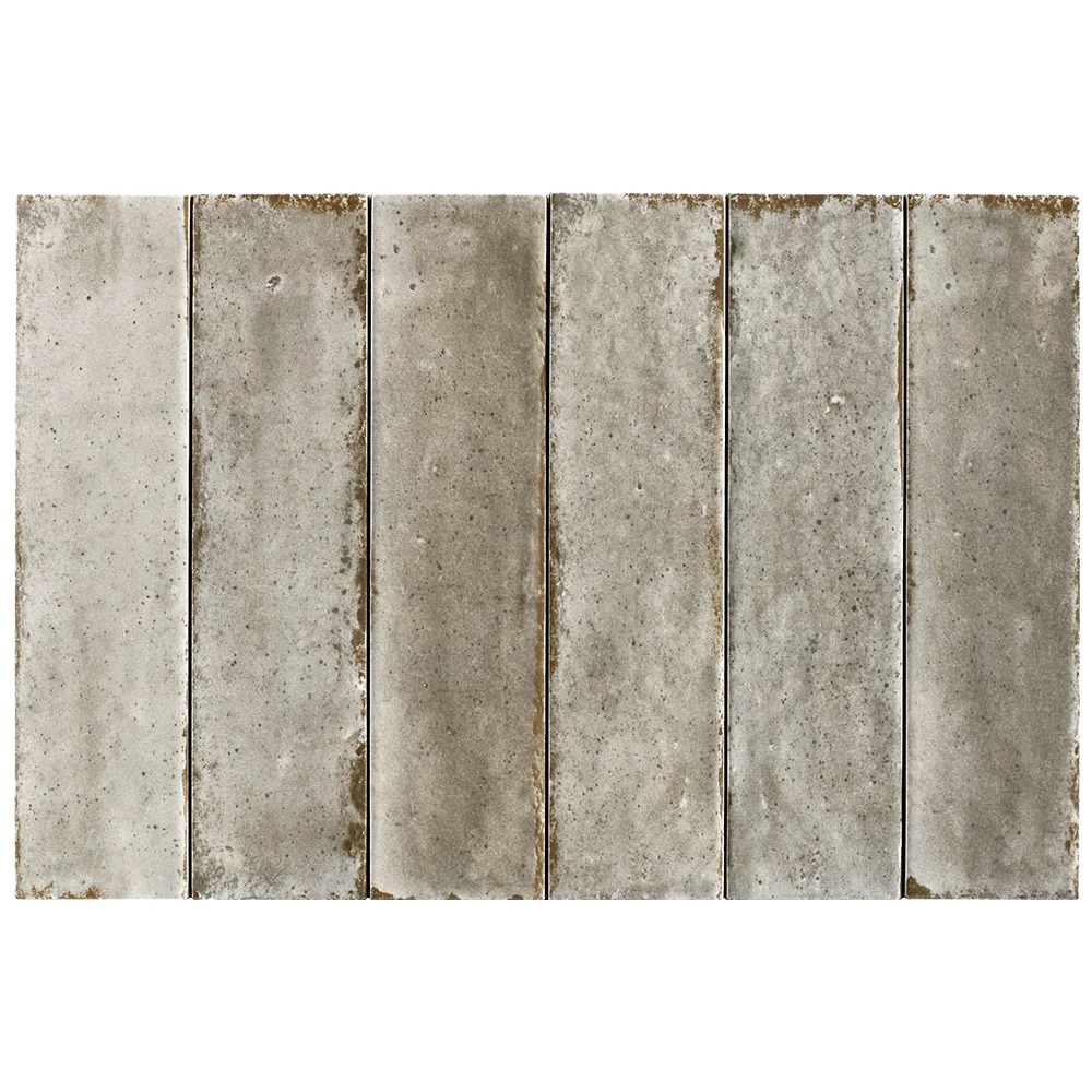 Six vertical rectangular concrete-look tiles in a light gray to taupe-brown finish, arranged side by side on a white background.