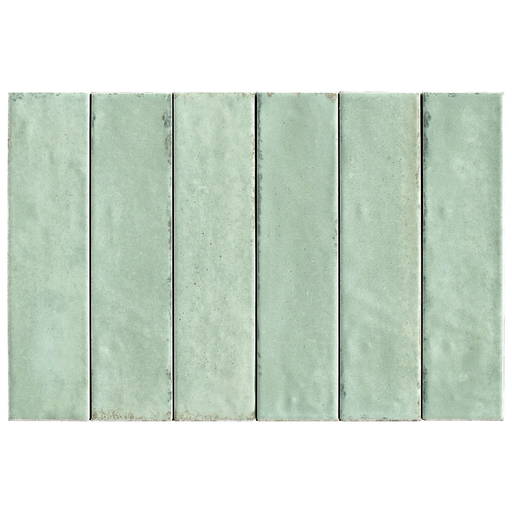 Six vertical rectangular tiles in a light mint green color with a textured, slightly distressed finish, arranged side-by-side on a white background.